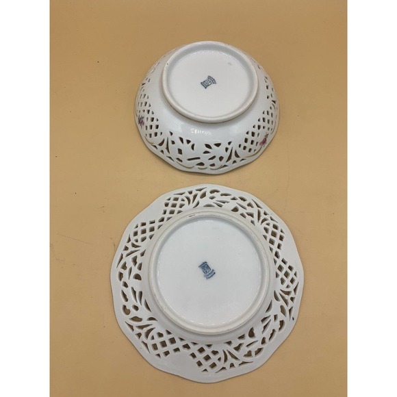 VTG DRESDEN Schumann Porcelain Reticulated Candy/Nut Dish and Bowl Floral Gold - Picture 3 of 13